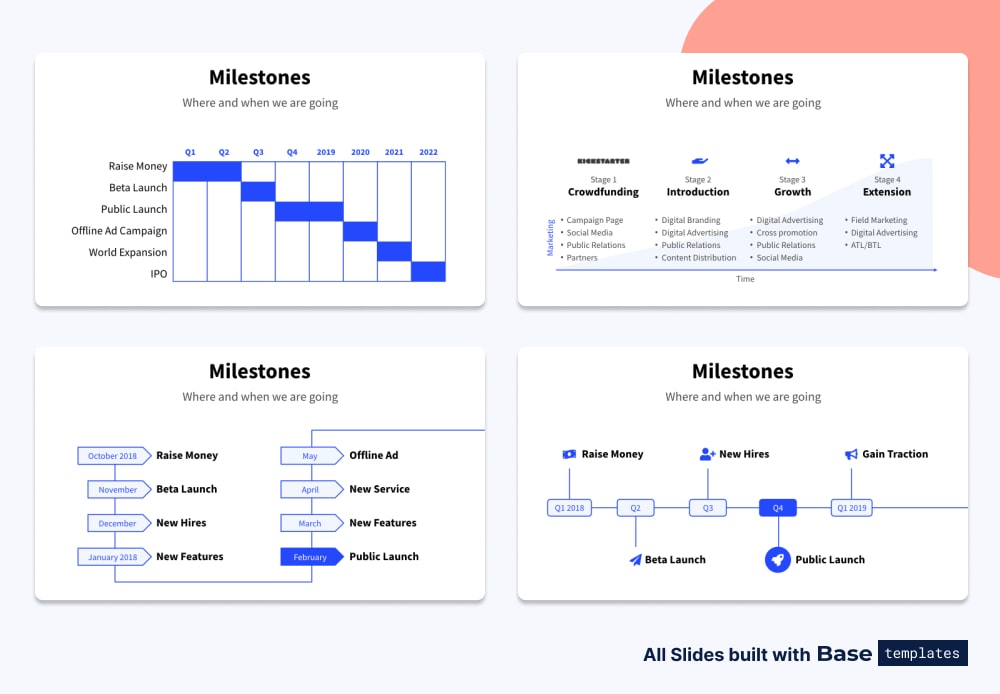 Pitch deck milestones slide different designs